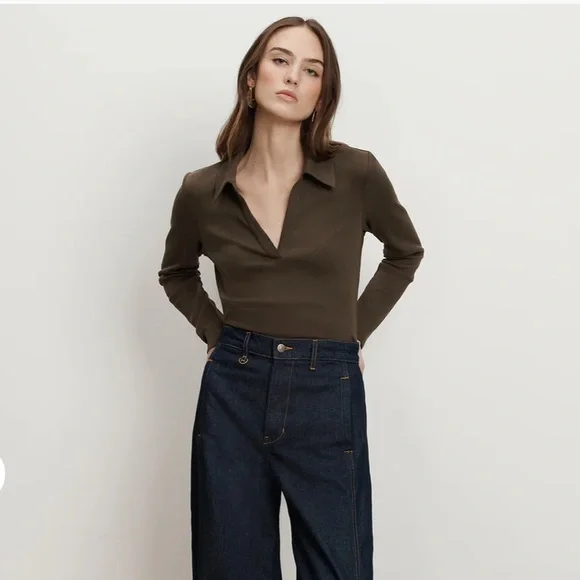 Veronica Beard Kearney Long Sleeved Polo Top Dark Umber (brown) size S NWOT - Picture 2 of 13